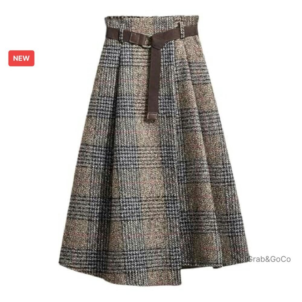 Vintage Plaid Wool Blend Midi Skirt A-Line Retro Chic Elegant Belted - Picture 2 of 6